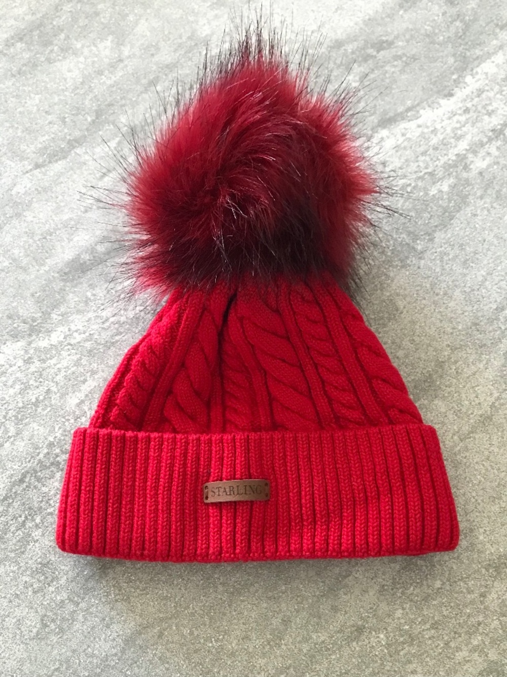 Starling Red Cable Knit Beanie Hat with Faux Fur Pom Pom